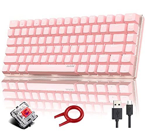 Hoopond Mechanical Keyboard, AK33 8 Arten von weißer LED-beleuchteter USB-Kabel-Gaming-Tastatur mit 82 Tasten Kompakte mechanische Gaming-Tastatur mit Anti-Ghosting-Tasten (roter Schalter, Pink)