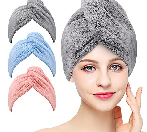 Laicky 3 Stück Mikrofaser-Handtuch zum Trocknen von Haaren, super saugfähig, verdrehter Turban, schnell trocknend, Haarkappen mit Knöpfen, Badeschlaufe, zum Befestigen von Salon