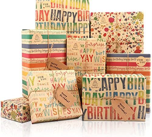 MAMUNU Geschenkpapier Geburtstag, 8 Stück Öko Kraft geschenkpapier Bunt Happy Birthday Geschenkpapier zum Mann Frauen Kind, Braun Gefaltet Geschenkverpackung Papier für Geburtstagsanlässe,70x 50cm