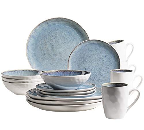 MÄSER Serie Frozen Geschirr Set aus Keramik für 4 Personen, 16-teiliges Kombiservice mit organischen Formen, farblich gesprenkeltes Service, Steinzeug, Blau