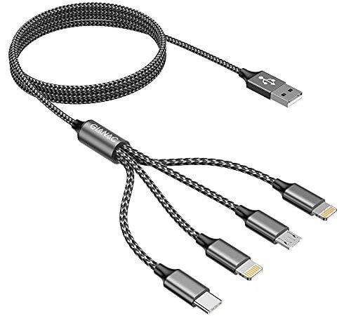 Multi USB Kabel,4 in 1 Universal Ladekabel [1.2M] Schnell Ladekabel Mehrfach Ladekabel mit iPhone Micro USB Typ C Lightning port für iPhone, Android Galaxy, Huawei, Oneplus,Sony,LG,Honor View-Gray