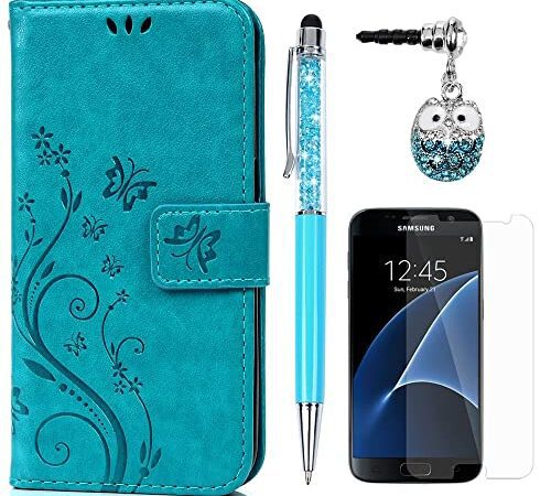 S7 Hülle Case KASOS Handyhülle Brieftasche Book Type PU Leder Tasche Gemalt Magnetverschluss Ledertasche Cover,Blume-Schmetterling Blau + Stöpsel + Stylus + Schutzfolie für Samsung Galaxy S7