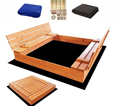 Sandkasten 140x140 cm inkl. Video Anleitung für Montage Imprägniert Premium Sandbox mit Abdeckung Sitzbänken Deckel Plane Sandkiste Holz Kiefer Sandkastenvlies 150x150