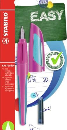Schulfüller mit Anfänger-Feder A - STABILO EASYbuddy FRESH EDITION in pink/hellblau - Schreibfarbe blau (löschbar) - Einzelstift - inklusive Patrone