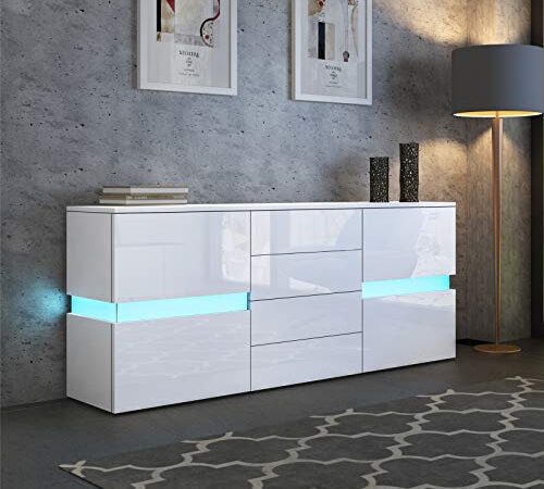 Sideboard Schrank Modern Wohnzimmer Anrichte Möbel 2 Türen 4 Schubladen Hochglanz TV Lowboard mit LED Licht 177x35x72cm - Weiß