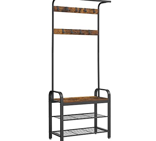 VASAGLE Garderobenständer, Garderobe, mit Schuhbank, 4-in-1 Design, 9 abnehmbare Haken, Kleiderstange, Eingangsbereich, Flur, 33,7 x 72 x 183 cm, Industrie-Design, vintagebraun-schwarz HSR40B