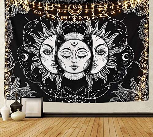 VEUWOLM Wandteppich Sonne und Mond, 150 x 200 cm Wandteppich Aesthetic, Psychedelisches Mandala-Muster, Tarot-Wandbehang, für Schlafzimmer, Wohnzimmer, Schwarz und Weiß