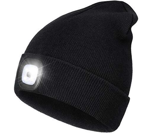 Wmcaps Mütze mit Licht LED, Wiederaufladbare USB Strickmütze mit Licht, Winter Warme Mütze Kappe, Scheinwerferkappe zum Camping, Joggen und Geschenke für Männer Frauen (Schwarz)