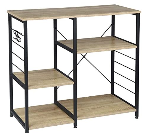 WOLTU Küchenregal Standregal Mikrowellenhalter Bäcker Regal Metallregal aus Holz und Stahl, mit 5 Ablagen, ca. 90 x 40 x 83,5 cm, Schwarz + Hell Eiche RGB9324hei