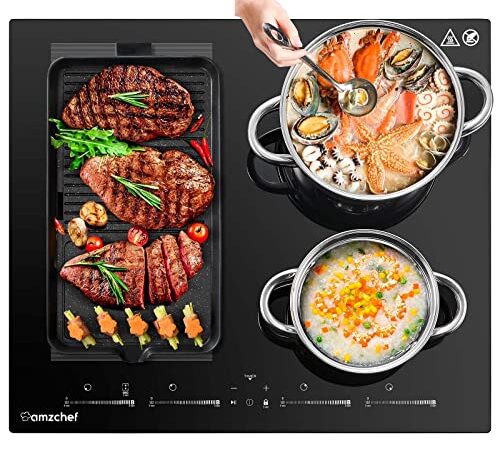 AMZCHEF Induktionskochfeld 60cm Induktionskochplatte mit Flexzonen für BBQ, 4 Boost-Zonen, 9 Stufen, Warm Up and Pausenfunktion, 7400W Kochfeld Induktion mit Touchscreen
