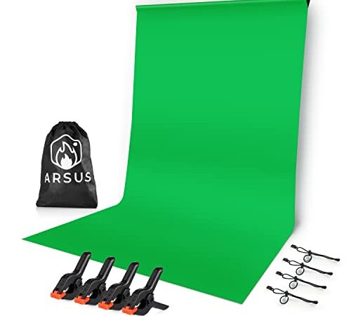 Arsus Greenscreen Faltbar [2,90m x 1,95m] - Grüner Fotohintergrund aus Baumwolle-Polyester-Mix mit 4 Klemmen und 4 Clips - Stoff Green Screen Leinwand Fotoshooting - Hintergrund Videokonferenz