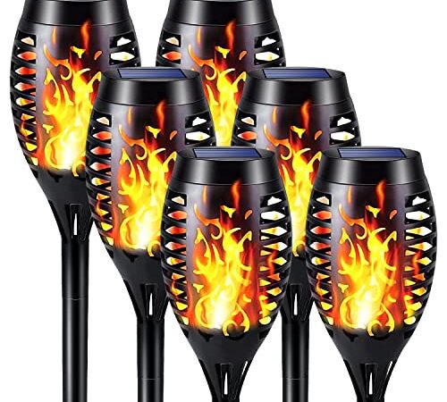 Beoloeb® Solarleuchten für Außen Garten - 6 Stück 12 LED Solar Fackel Gartenfackeln für Draußen mit Realistischer Flammeneffekt Solarlampen für Außen Gärten Rasen IP65 Wasserdicht Solar Beleuchtung