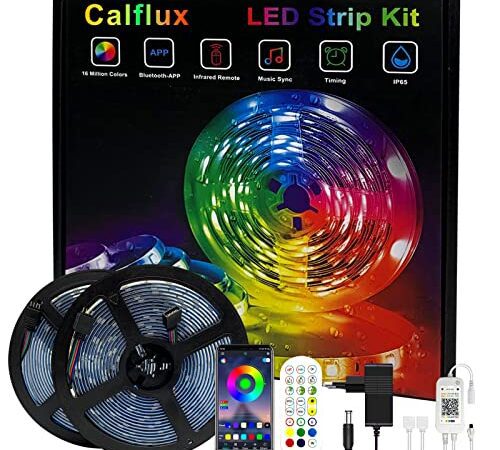 calflux LED Strip 10m, RGB LED Streifen Wasserdicht IP65, Farbwechsel LED Band mit App Bluetooth Kontroller, Sync zur Musik, Anwendung für die Beleuchtung von Haus, Schlafzimmer und Party