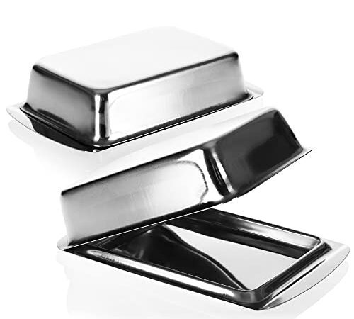 com-four® 2X Butterdose - Große Butterglocke aus Edelstahl - Butterschale mit Deckel - Butterbehälter 17 x 11 x 5 cm (2 x silberfarben-Edelstahl)