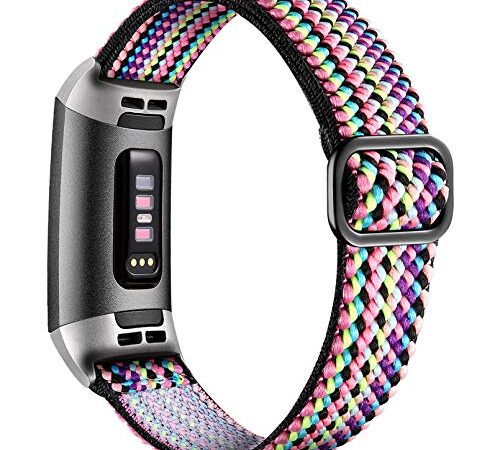 Dirrelo Elastisches Armband Kompatibel mit Fitbit Charge 3 Armband/Fitbit Charge 4 Armband, Atmungsaktives Verstellbares Gewebte Stoff Ersatzarmband, Nylon Sportarmband für Damen Herren, Regenbogen