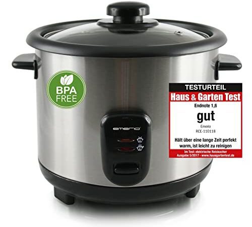 Emerio automatischer Eco Reiskocher, BPA frei, mit 1.5L Volumen, Warmhaltefunktion, Auto Off, Antihaftbeschichtung, Glasdeckel, inkl. Reislöffel + Messbecher, Schongarer, 500 Watt, Edelstahl