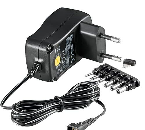 Goobay 67951 Universal Netzteil 3V - 12V max 12 W Netzgerät mit Adapter 2x Klinkenstecker & 4x DC-Stecker 1000 mA Steckernetzteil Schwarz