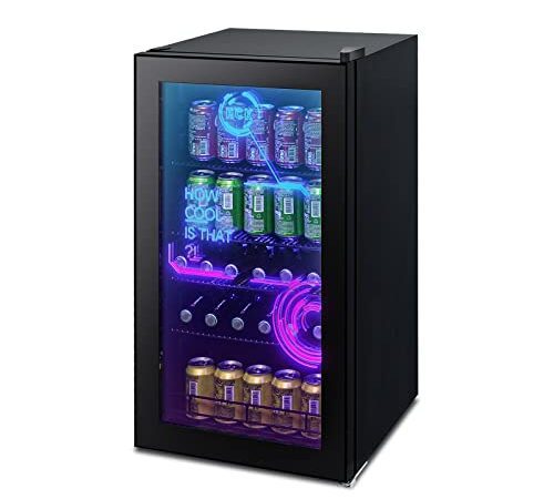 HCK Getränkekühlschrank, Kühlschrank mit Cyberpunk Modern Beleuchtung, Mini Kühlschrank 0-10°C, Bierkühlschrank 98 Liter,für Gamingzimmer, Party, Schwar
