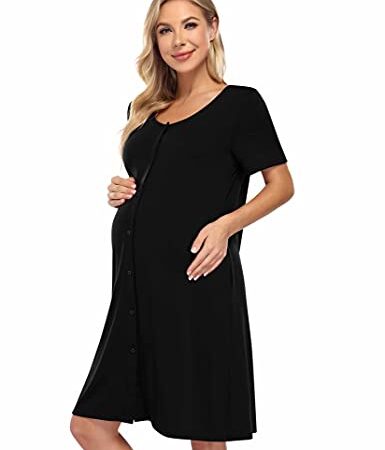 KOJOOIN Nachthemd Damen Geburt Stillnachthemd Kurzarm Schlafanzug Schwangerschaft Pyjama Nachtwäsche mit Durchgehender Knopfleiste Schwarz S