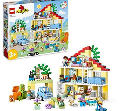 LEGO 10994 DUPLO 3-in-1-Familienhaus, Puppenhaus aus Bausteinen mit Push&Go Auto, 5 Figuren, 2 Tieren und Spielzeug-Lampe, Spielhaus Geschenk für Kleinkinder, Mädchen und Jungen ab 3 Jahren