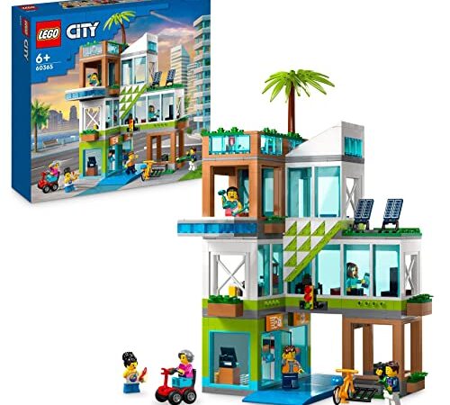 LEGO 60365 City Appartementhaus Set, Konstruktions-Spielzeug mit Eckladen, Wohnzimmer, Küche und Schlafzimmer, mit Scooter, Fahrrad, 6 Minifiguren und Einer Straßenplatte