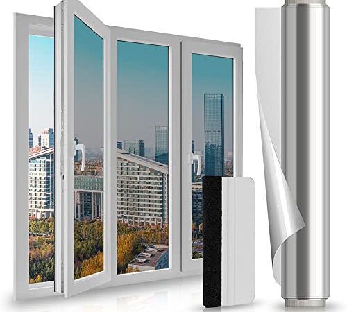 LULUETPUE Spiegelfolie Selbstklebend Sonnenschutzfolie Fenster innen UV-Schutz Reflektierende Fensterfolie Silber Thermofolie für Büro und Haus, (40 * 200CM)
