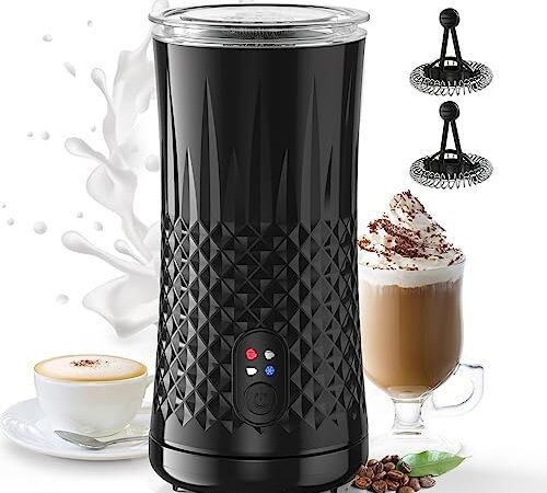 Milchaufschäumer Elektrisch, HAPPHOOH 4-in-1 Milchschäumer, Heißer und Kalter Milchschaum, mit 2 Schneebesen, Automatische Abschaltung Milchbehälter, Antihaft-Innenausstattung Milk Frother für Kaffee