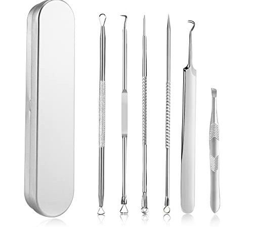 Mitesserentferner Komedonenquetscher Set, 6 Stück Pickel Popper Werkzeug-Set für Gesicht - Edelstahl Akne Mitesser Pinzette Kit Blackhead Remover mit Metallbox für alle Hauttypen Nase Gesichtspflege