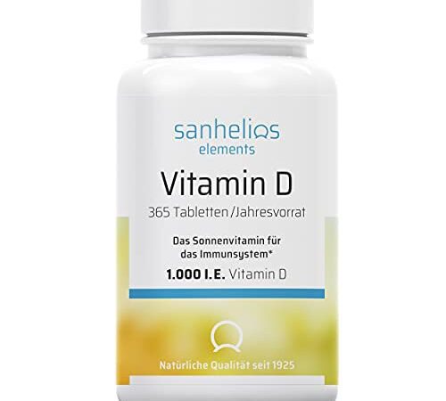 Sanhelios Sonnenvitamin D - 1000 I.E. Vitamin D3 - Unterstützt Knochen, Zähne, Muskeln und Immunsystem* - 365 Microtabletten Jahresvorrat - Nur Premium Zutaten - Hergestellt & geprüft in Deutschland