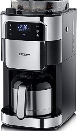 SEVERIN KA 4814 Filterkaffeemaschine mit Edelstahl-Mahlwerk und Thermokanne, feinste Mahlung und individuell auswählbarer Mahlgrad, 1000 W, für bis zu 8 Tassen / ca. 1 Liter, Schwarz
