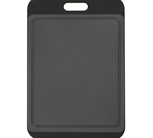SOSECCE Schneidebrett Kunststoff mit Saftrillen und Einteiliges Rutschfeste Silikon Griffe,35x24x1cm küchenbrett Antibakteriell Cutting Board, Spülmaschinenfest BPA Frei(Schwarz+Grau)