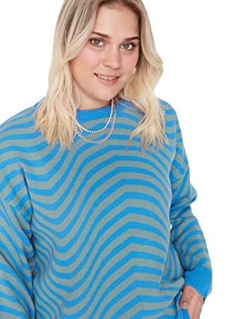 TRENDYOL Damen Pullover mit Rundhalsausschnitt, gestreift, regulär, Übergröße Sweatshirt, Indigo, XXX-Large