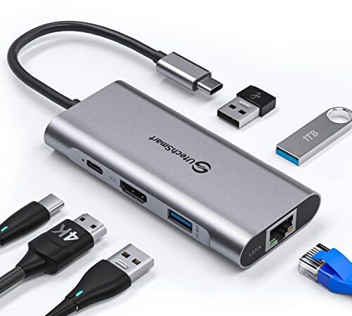 USB C Hub, UtechSmart USB C Ethernet Multiport Adapter, 6 in 1 USB C to HDMI Dock kompatibel für Macbook Pro/Air, Chromebook, Dell XPS, HP und Typ C Geräte (Gigabit Ethernet 100W PD 4K HDMI USB 3.0)