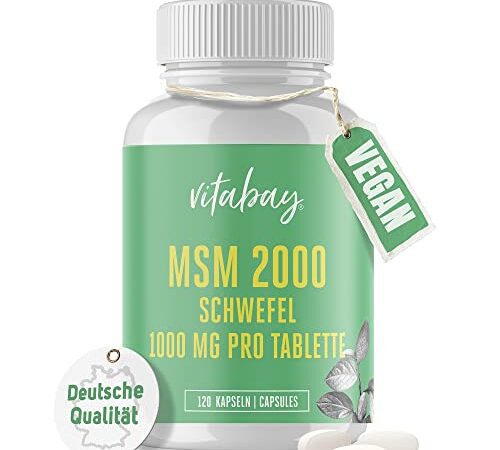 Vitabay MSM Kapseln Hochdosiert - 120 MSM Tabletten Hochdosiert VEGAN - MSM Pulver MSM 2000 pro Tagesdosis - MSM Schwefel Kapseln Hochdosiert MSN Gelenkskapseln - Pflanzliches MSM-Kapseln MSN 2000